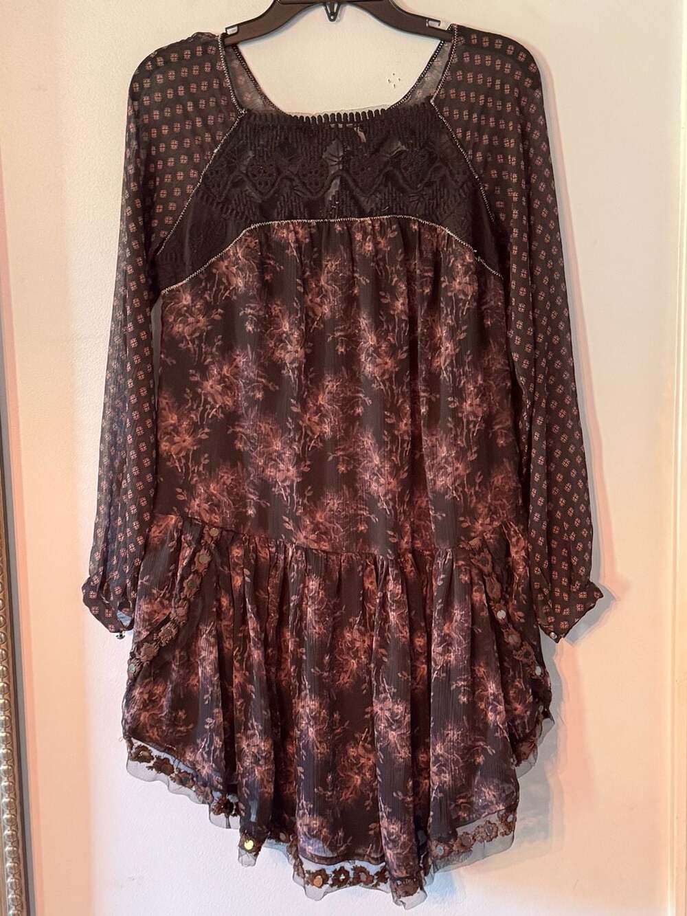 Free People Boho Fairy Grunge Floral Mini Dress XS Cottagecore Peasant Mesh Slee